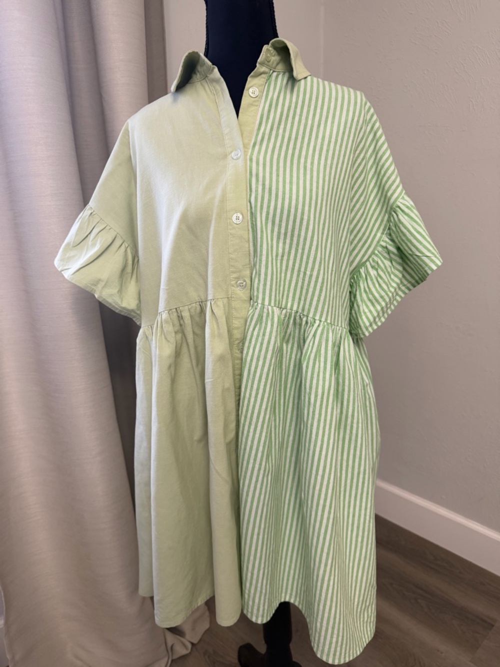 Lalavon Light Green Split-Pattern Button-Front Women’s Shirt Dress
